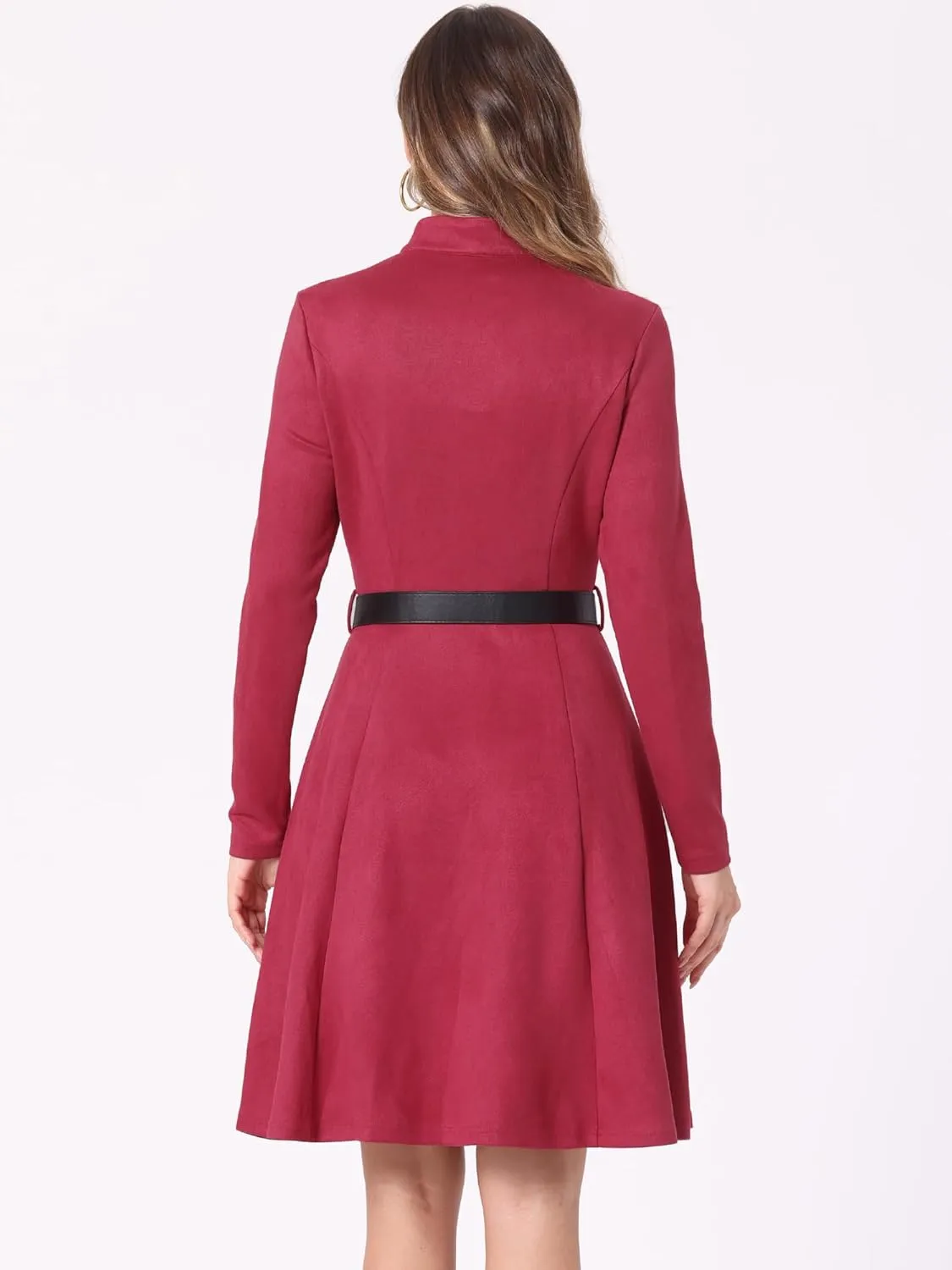 Allegra K Women's Faux Suede Dress Stand Collar Zip Up Belted Vintage Dresses