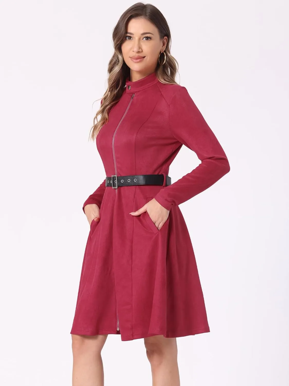 Allegra K Women's Faux Suede Dress Stand Collar Zip Up Belted Vintage Dresses