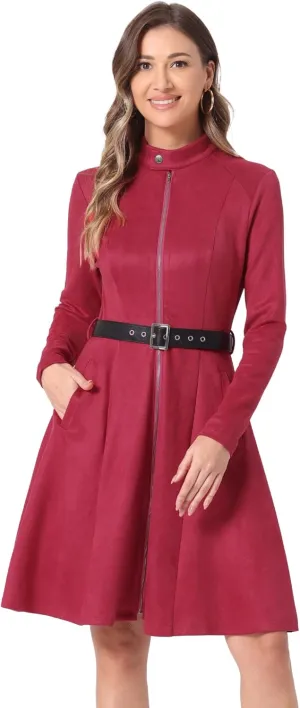 Allegra K Women's Faux Suede Dress Stand Collar Zip Up Belted Vintage Dresses