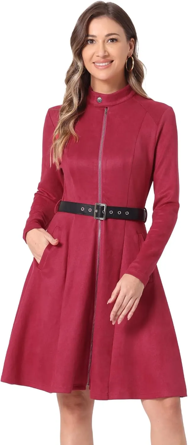 Allegra K Women's Faux Suede Dress Stand Collar Zip Up Belted Vintage Dresses