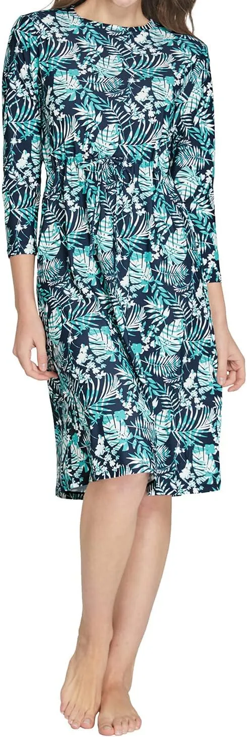 alvon Women Modest Swim Dress Knee Length Swimsuits Cover Ups UPF 50  Sun Protection Long Sleeve Drawstring Leaf XS