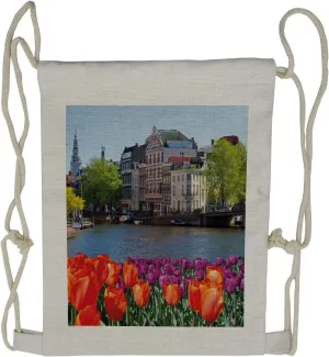 Ambesonne European Drawstring Backpack, Holland Amsterdam Wiev, Sackpack Bag