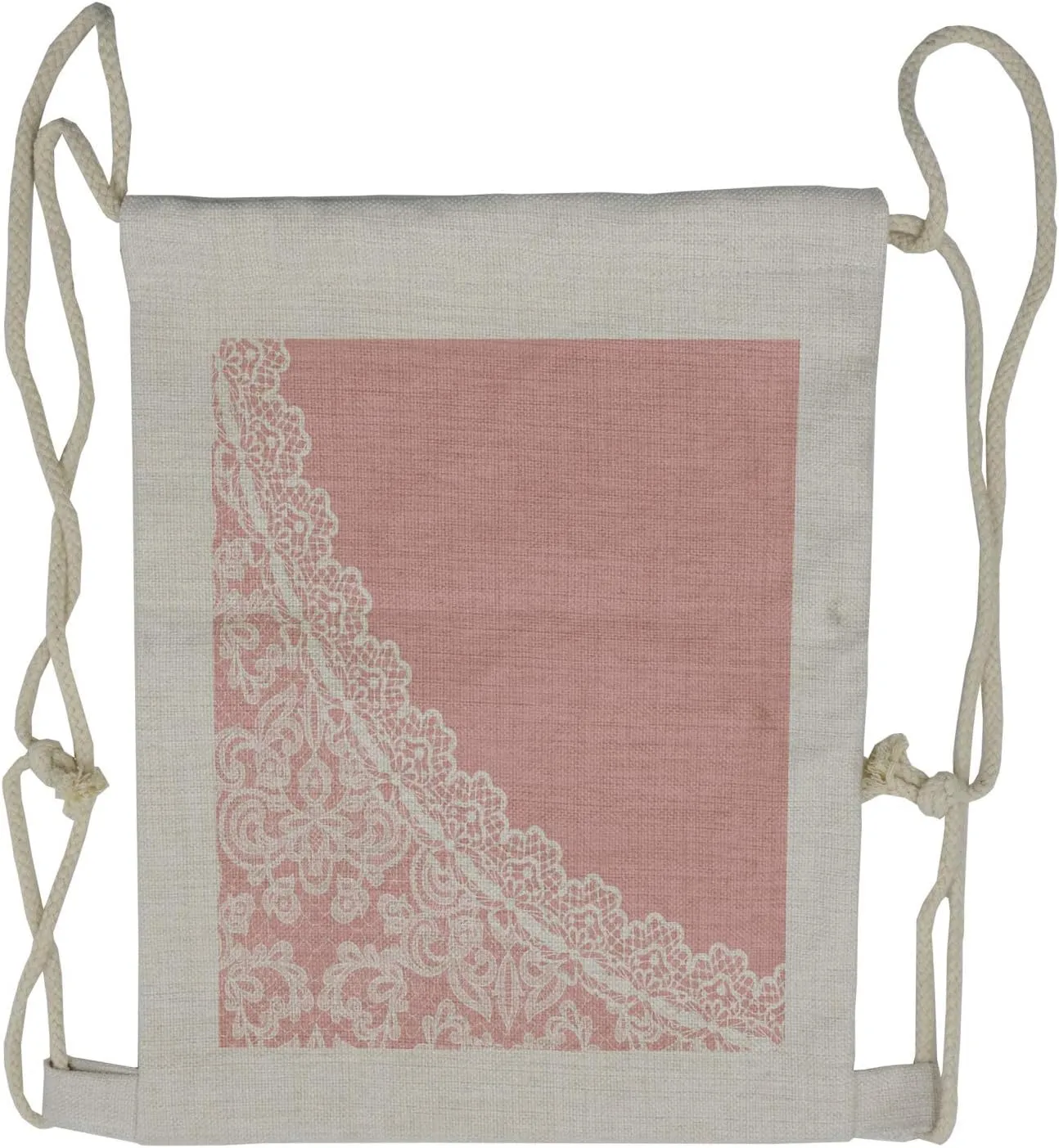 Ambesonne Pink White Drawstring Backpack, Lace Style Border, Sackpack Bag