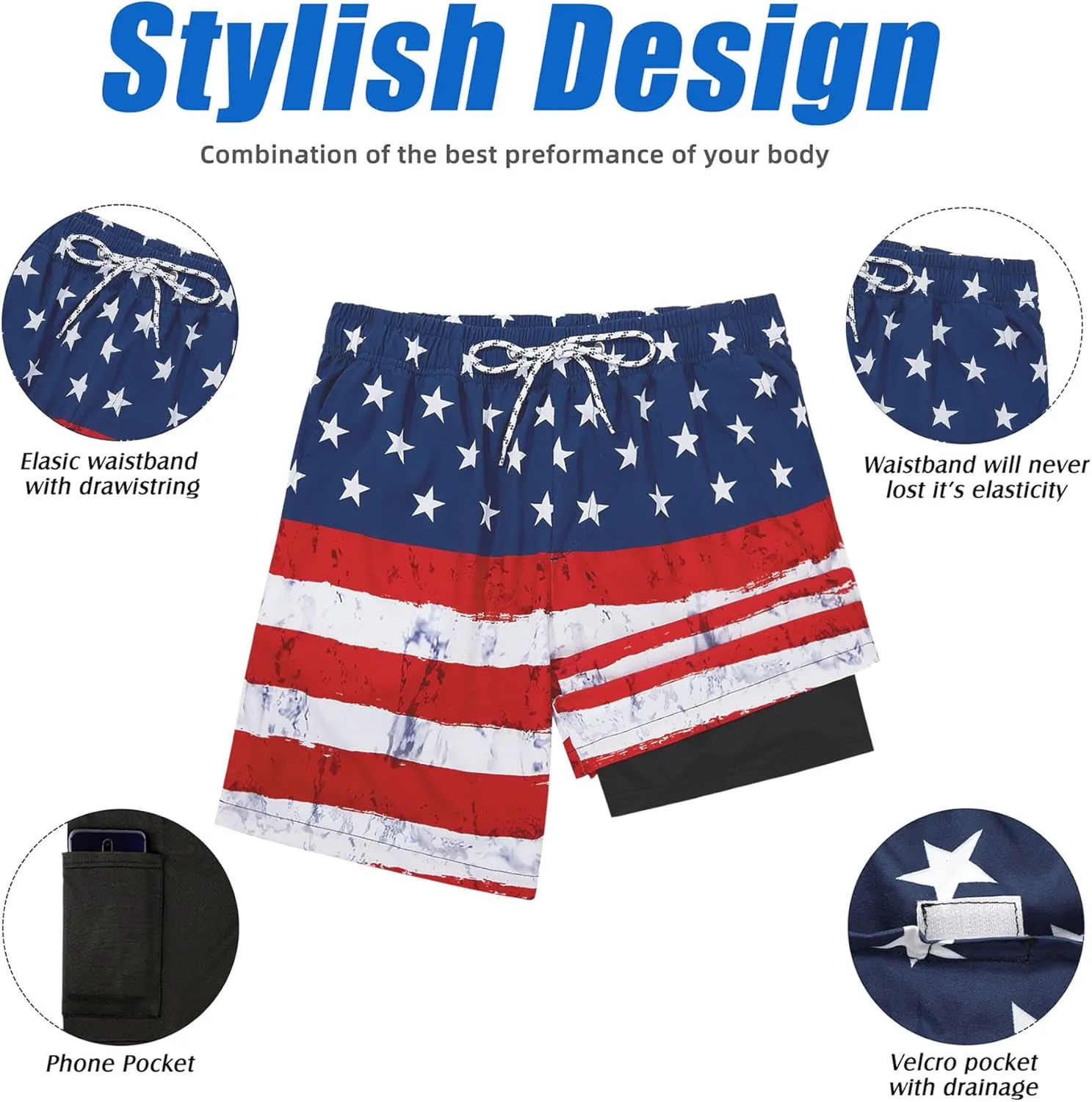 American Trends Men's Swim Trunks with Compression Liner Quick Dry Swimsuits Mens Bathing Suit Swimwear