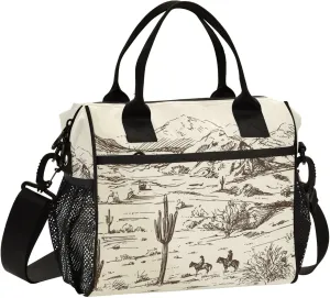 American Western Cowboy Cactus Large Lunch Tote Bags Insulated Lunch Box with Adjustable Shoulder Strap