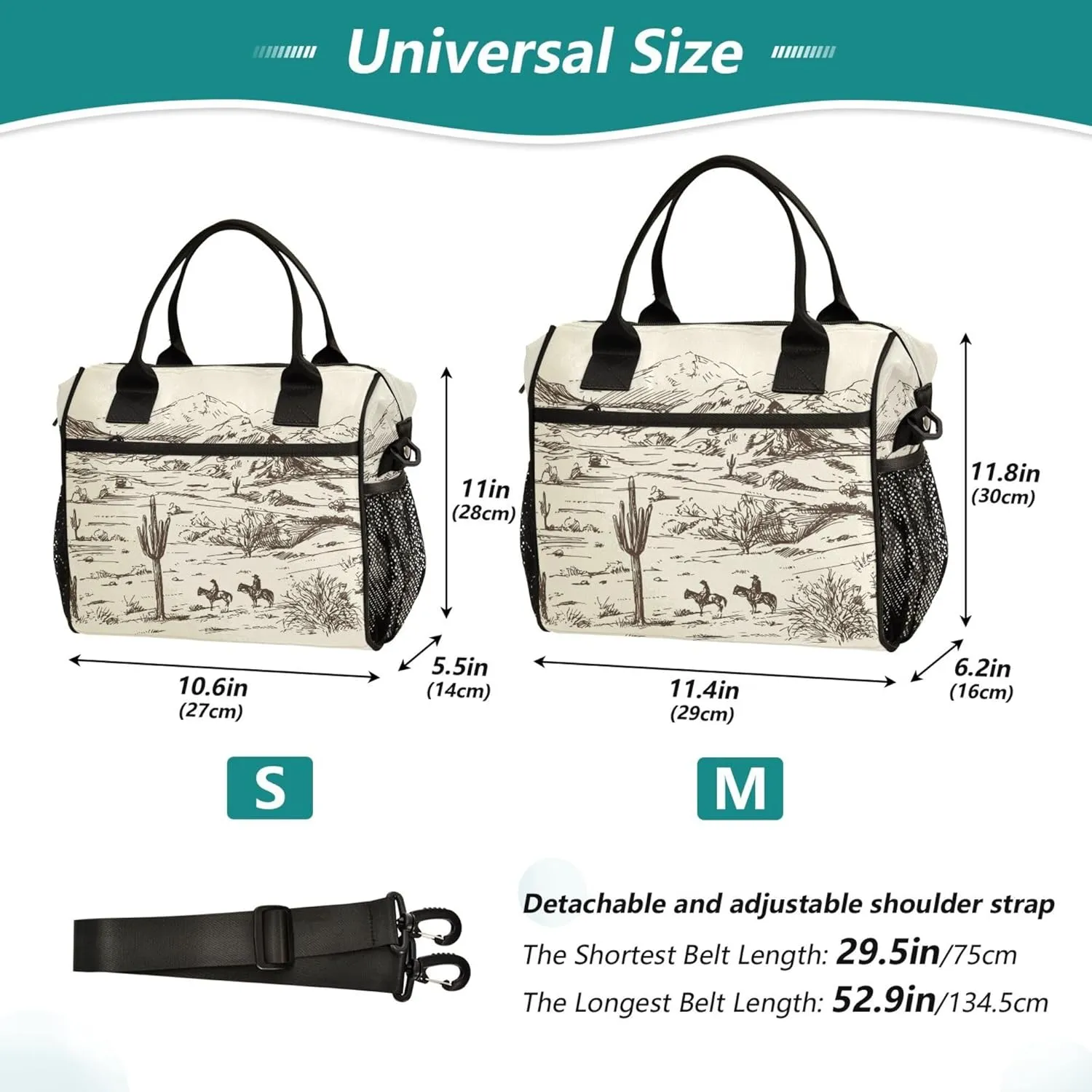 American Western Cowboy Cactus Large Lunch Tote Bags Insulated Lunch Box with Adjustable Shoulder Strap