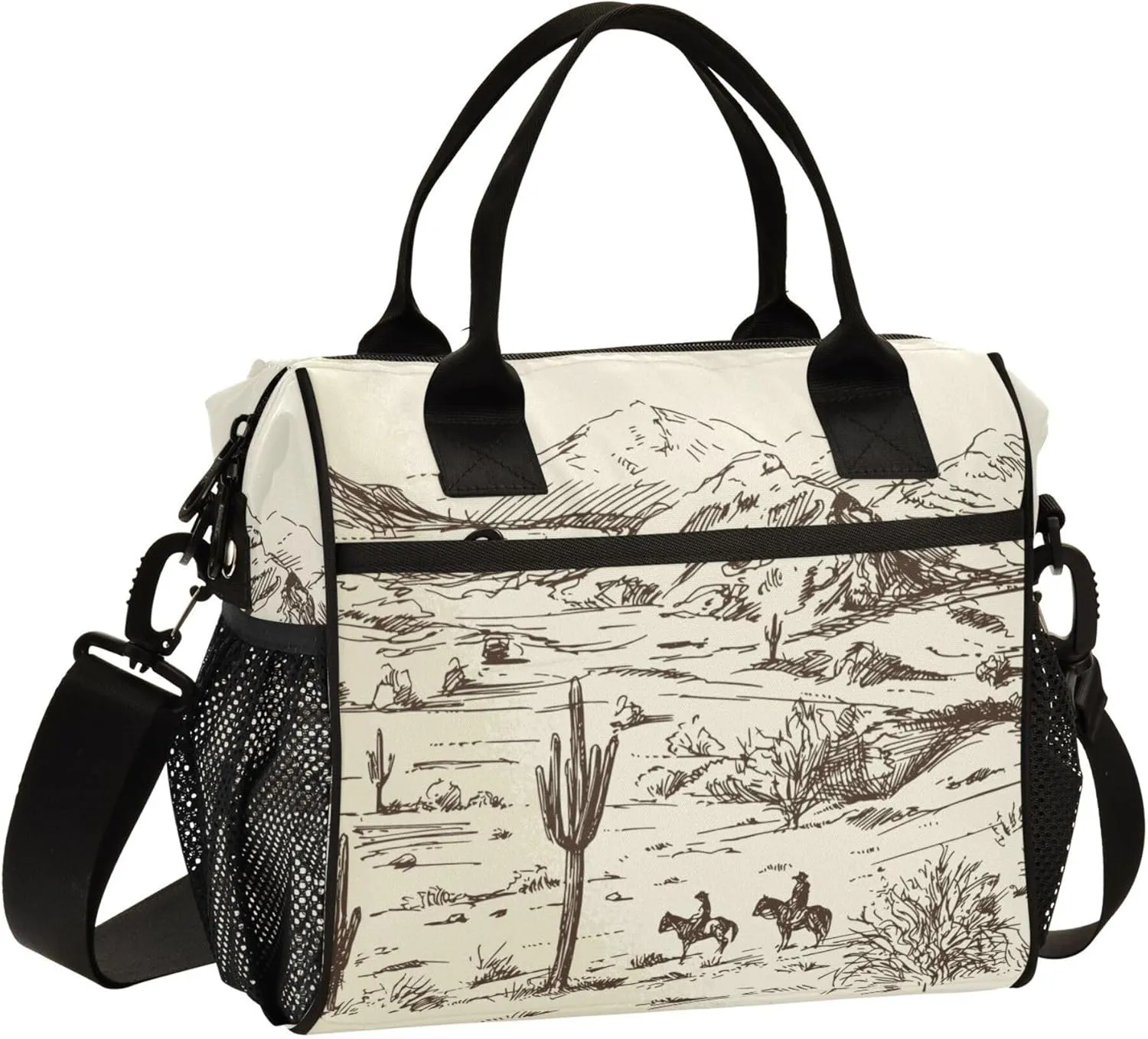 American Western Cowboy Cactus Large Lunch Tote Bags Insulated Lunch Box with Adjustable Shoulder Strap