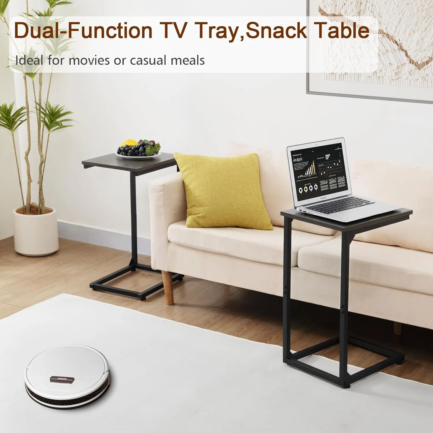 AMHANCIBLE C Shaped End Table Set of 2, Couch Tables That Slide Under, TV Tray Snack Table for Sofa, Small Side Table for Couch, Small Space, Living Room, Dark Grey, HET02CDG
