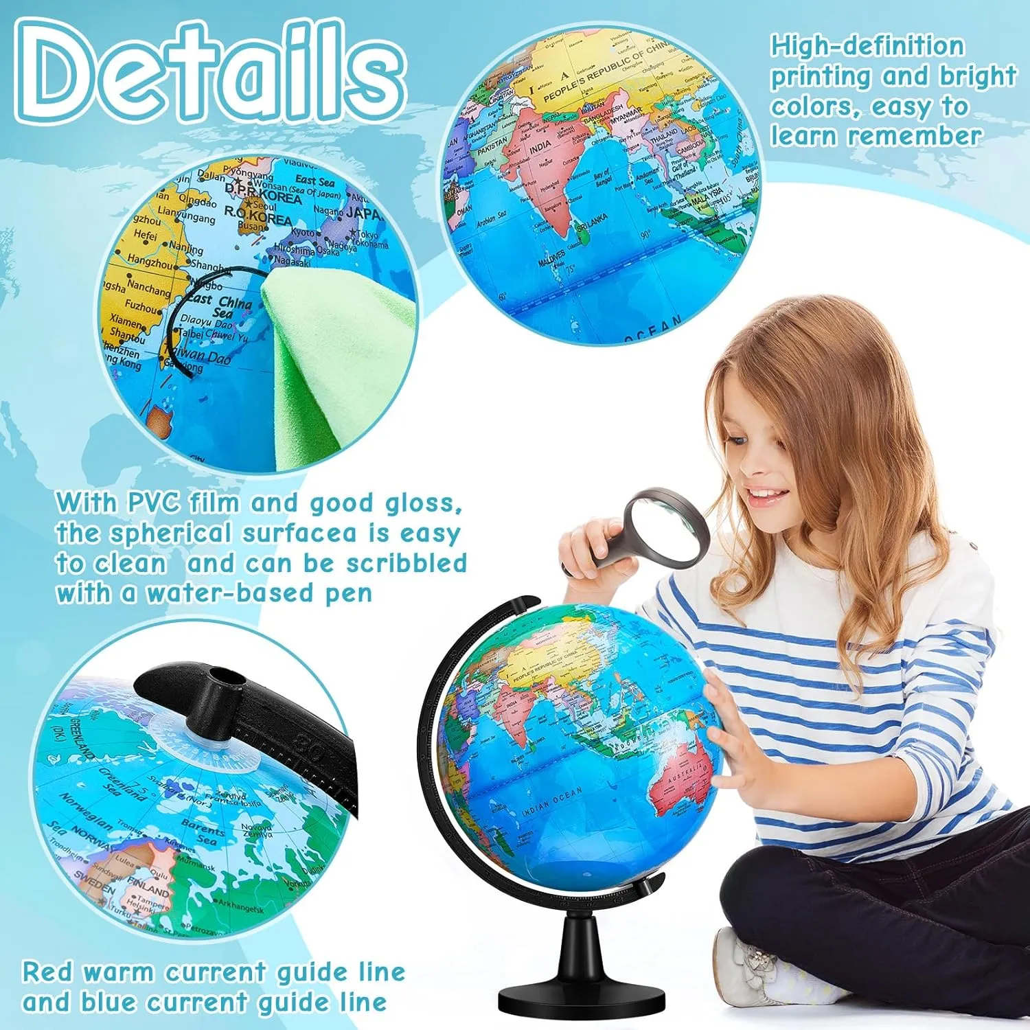 Amylove 13'' Illuminated World Globe with Stand 720°/360° Rotation Rewritable Light Up Globe for School World Map for Interactive Learning Light with Base Lamp LED Decor (Plastic,Classic)