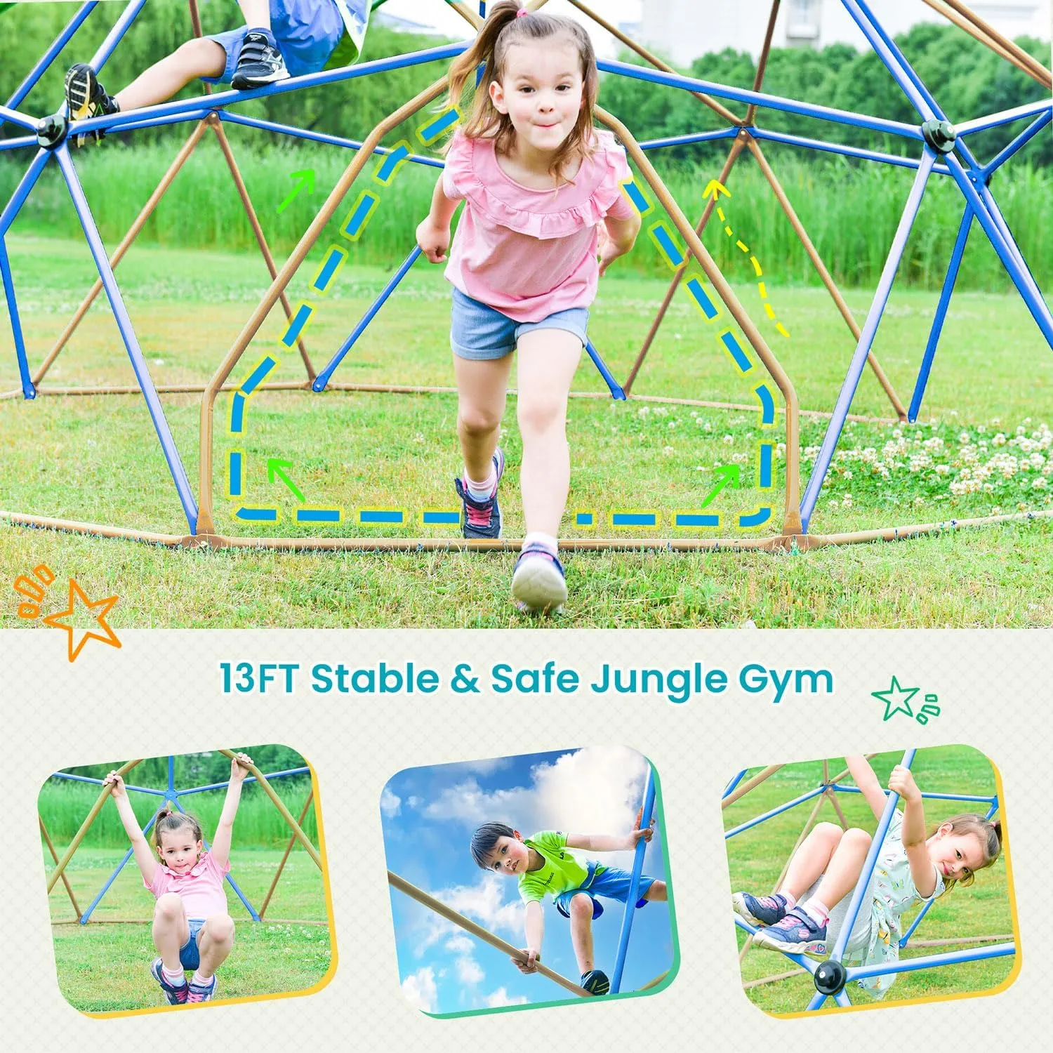 Angel Sar 13FT Outdoor Playset Dome Climber, Steel Jungle Gym with Monkey Bars, Playground Equipment for Kids, Sturdy Outdoor Play Equipment Supporting 1000 LBS, Coffee