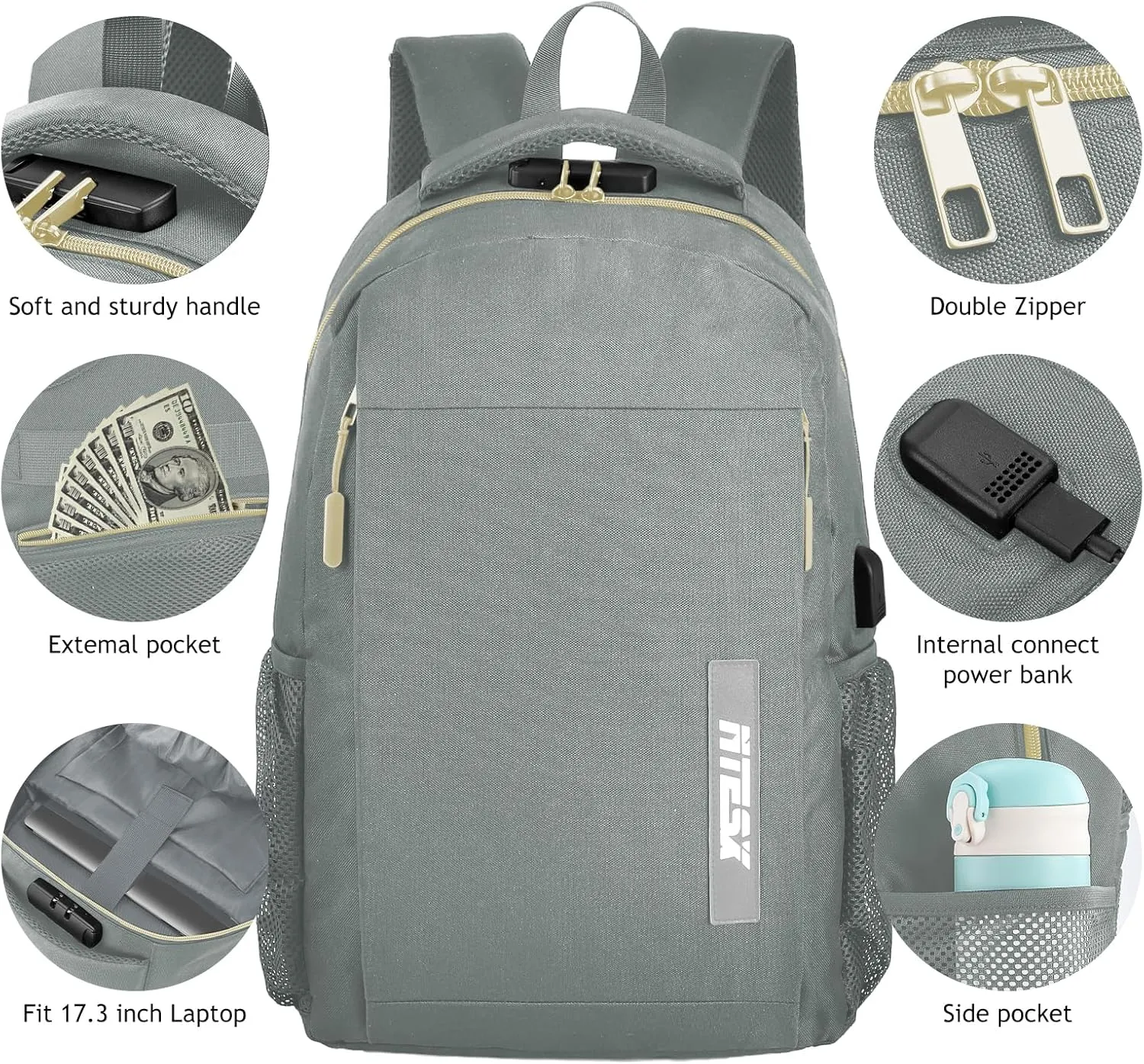 Anti-theft Laptop Backpack with USB Charging Port & Lock - 15.6 Inch Travel Laptop Backpack for Women,Men,Business,travel-Grey