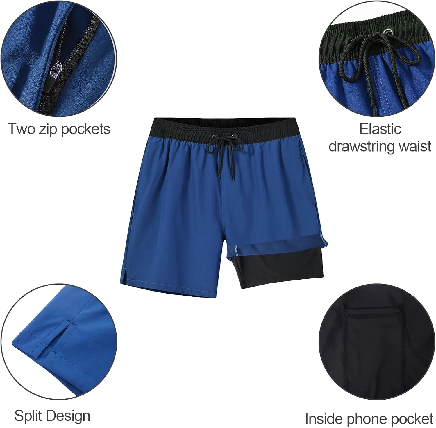 Arcweg Mens Swim Trunks with Compression Liner 2 in 1 Beach Swimming Trunks Quick Dry Swim Shorts with Zipper Pockets