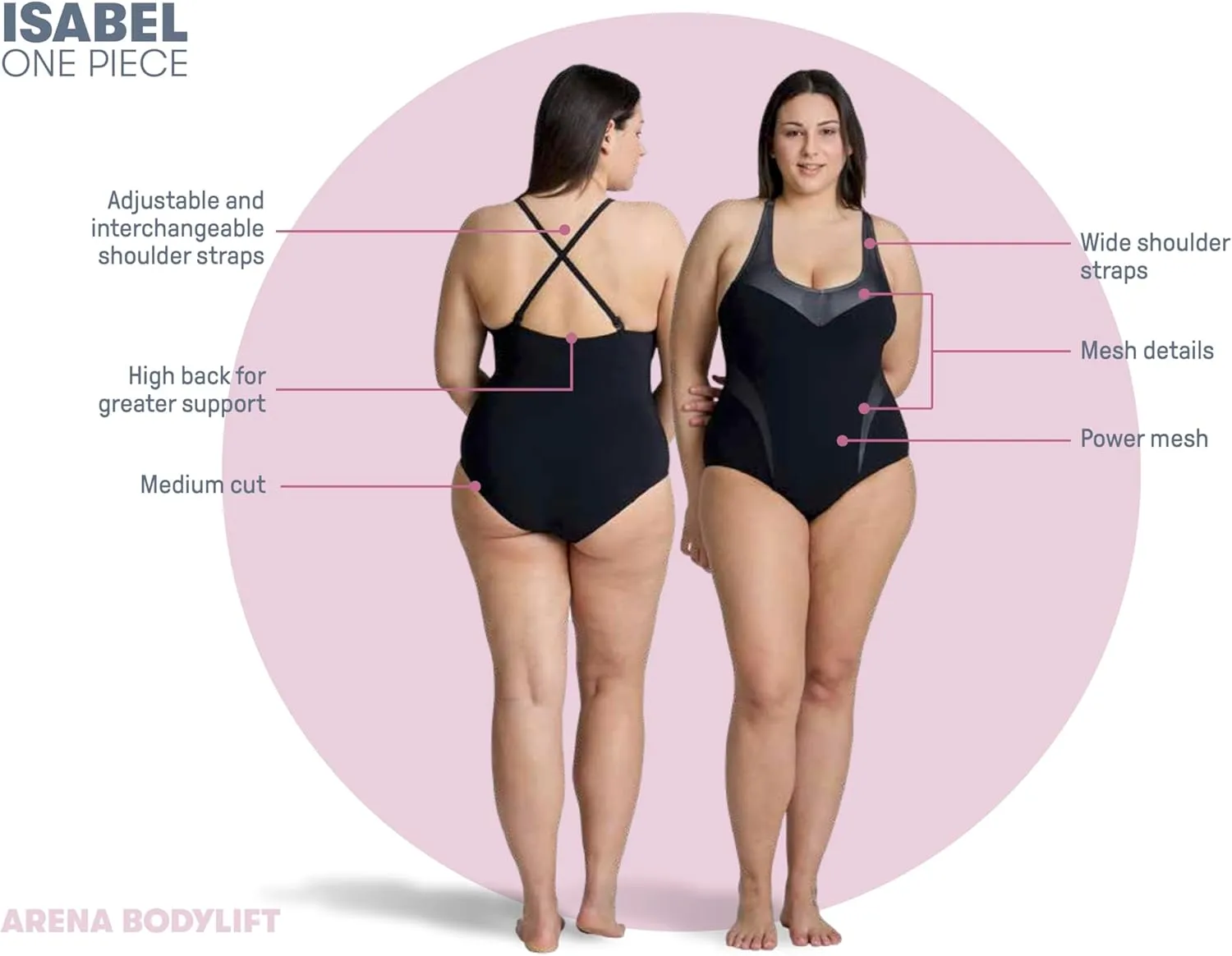 ARENA Bodylift Women's Isabel B-Cup One Piece Shaping Swimsuit Light Cross Back UV Protection Tummy Control Bathing Suit