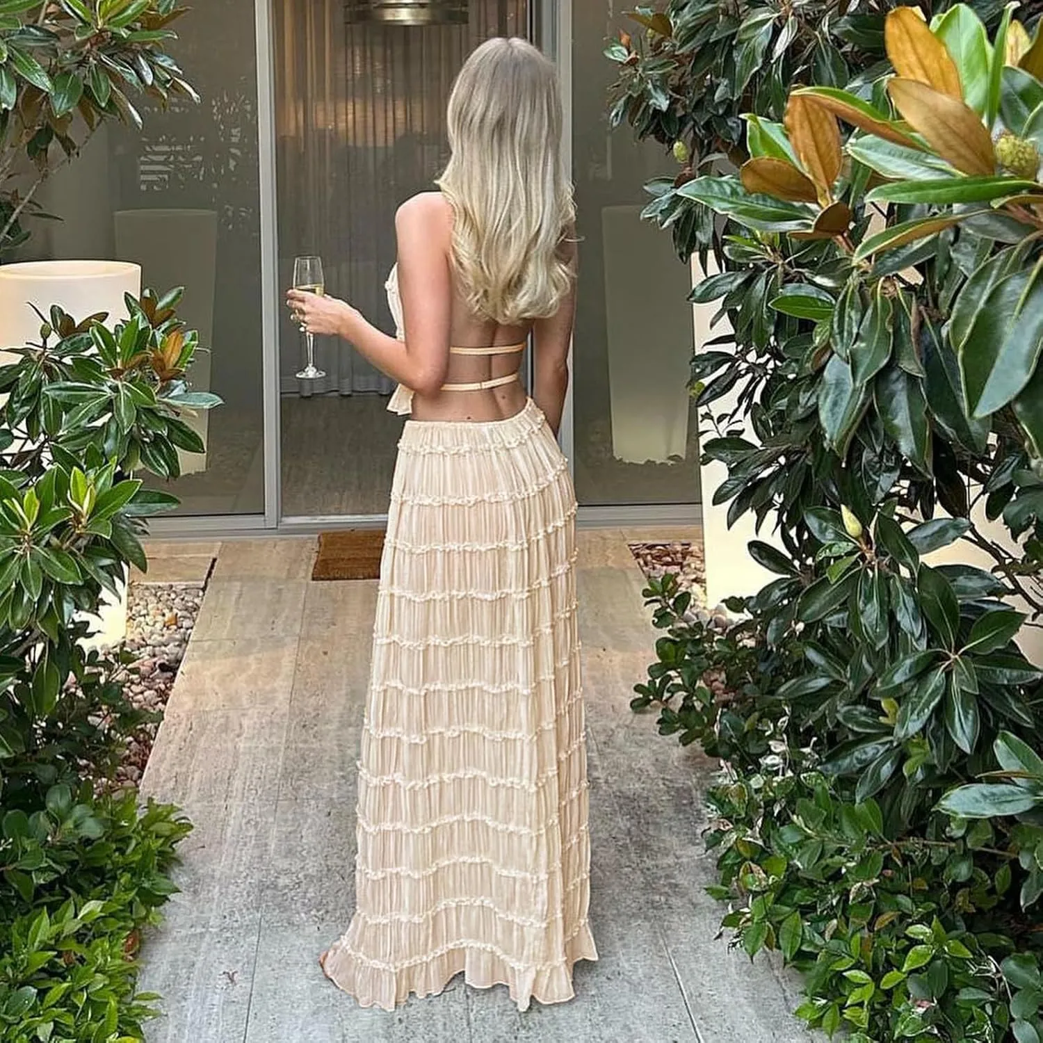 Argeousgor 2 Piece Maxi Skirt Set for Women Lace Up Back Tank Tops Tie Up High Waist Long Skirt Set