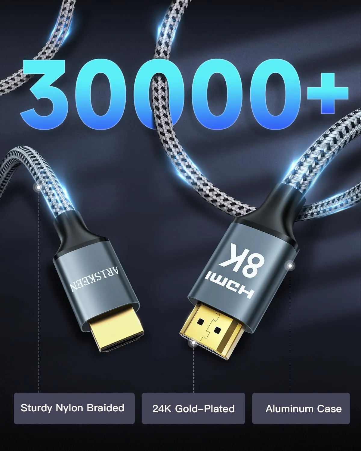 ARISKEEN 8K HDMI Cable 75FT, 48Gbps High Speed Fiber Optic HDMI 2.1 Cable, 8K 60Hz, 4K 120Hz Support for HDR 10, HDCP 2.2 2.3, Unidirectional Braided HDMI Cord Compatible with Laptop/HDTV - 75 Feet