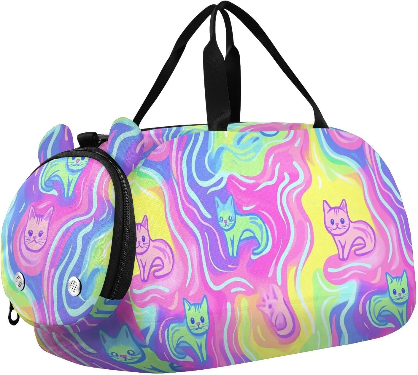 Art Purple Mystery Waves Cat Gym Duffel Bag with Shoes Compartment Lightweight Personal Item Travel Bag for Travel, Swimming, Dance, Ballet