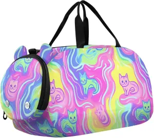 Art Purple Mystery Waves Cat Gym Duffel Bag with Shoes Compartment Lightweight Personal Item Travel Bag for Travel, Swimming, Dance, Ballet