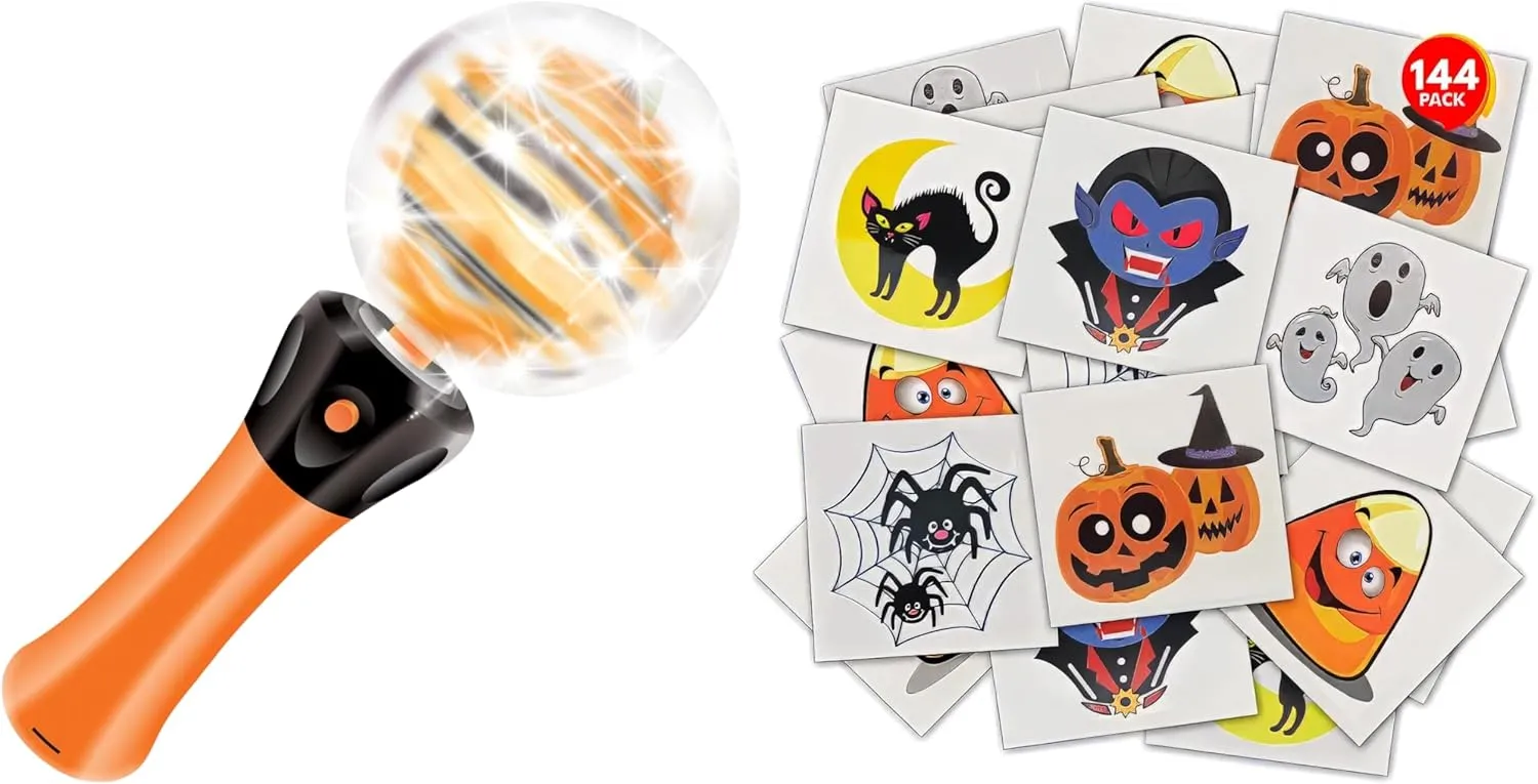 ArtCreativity Light Up Halloween Pumpkin Magic Wand Toy, Jack-O-Lantern Light Up Toys for Kids   Halloween Temporary Tattoos for Kids - Pack of 144-2 Inch Non-Toxic - Halloween Party Favors