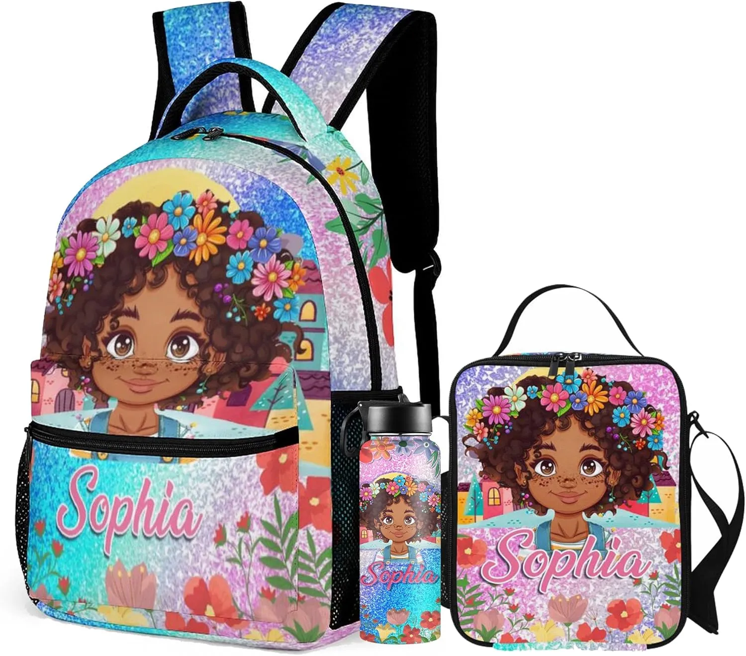 Artsadd Personalized Backpack for Girls Kids Lunch Bag Box Sets Custom Name School Bag for Preschool Kindergarten Elementary Back to School Gift for Daughter