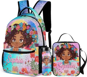 Artsadd Personalized Backpack for Girls Kids Lunch Bag Box Sets Custom Name School Bag for Preschool Kindergarten Elementary Back to School Gift for Daughter