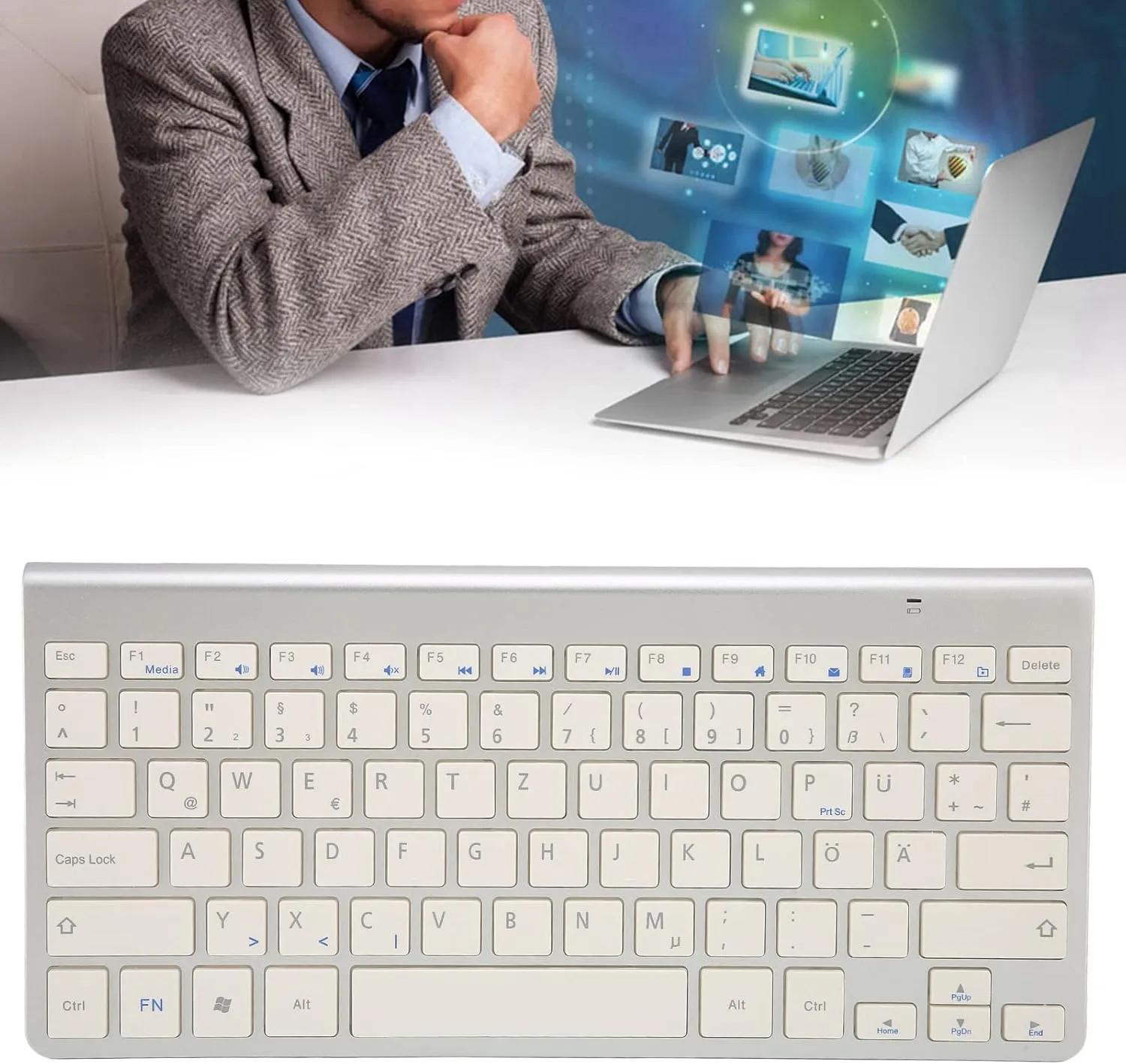 ASHATA & German & English Bilingual Language Keyboard 2.4G Cordless Keyboard for Desktop Laptop Tablet, Plug and Play