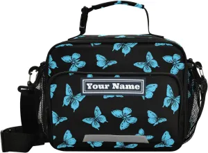 Aslsiy Custom Lunch Bag for Women Men Mysterious Blue Butterflies Personalized Insulated Lunch Box Black Portable Handbag with Adjustable Shoulder Strap for Office Picnic Travel