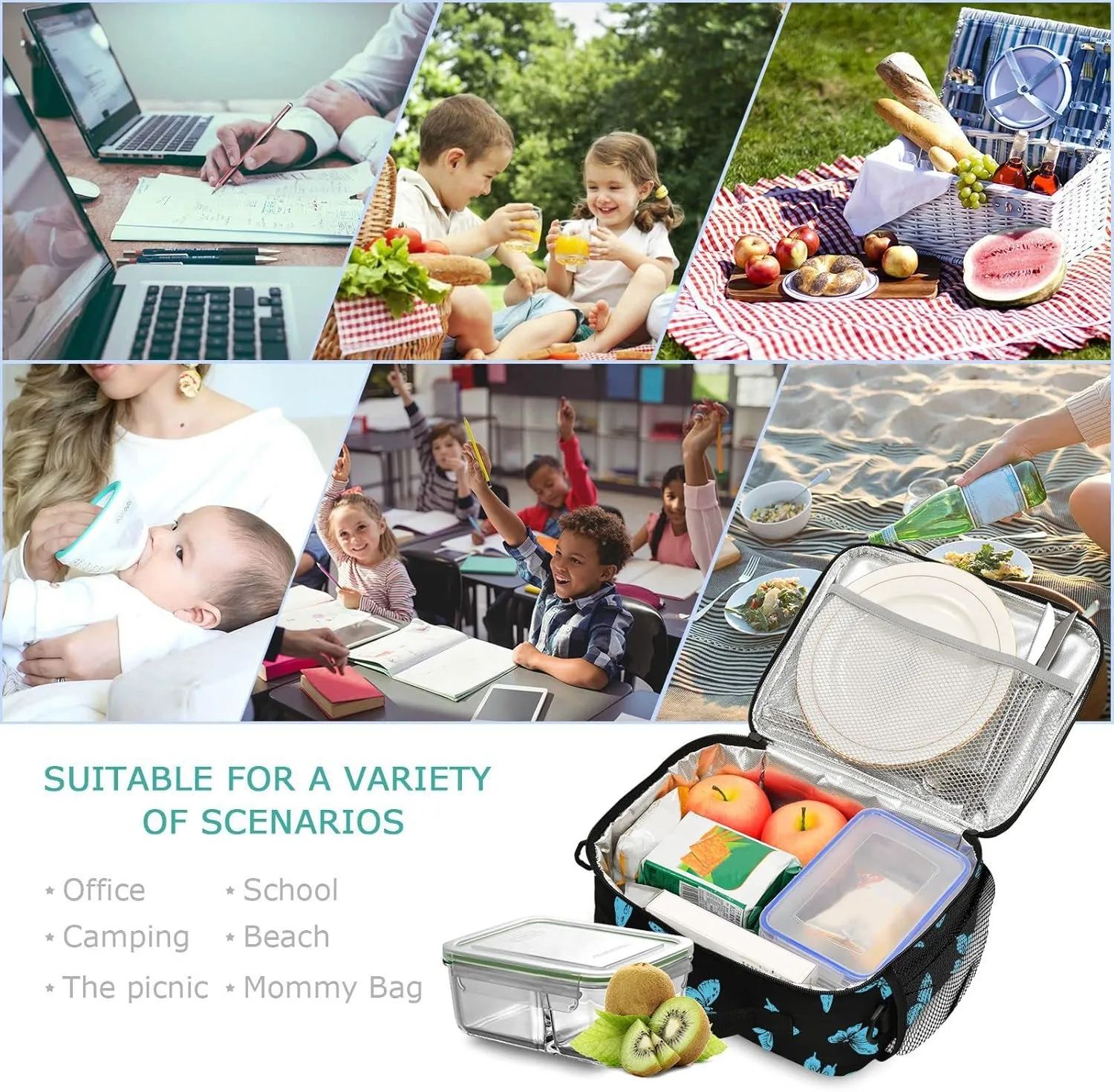 Aslsiy Custom Lunch Bag for Women Men Mysterious Blue Butterflies Personalized Insulated Lunch Box Black Portable Handbag with Adjustable Shoulder Strap for Office Picnic Travel
