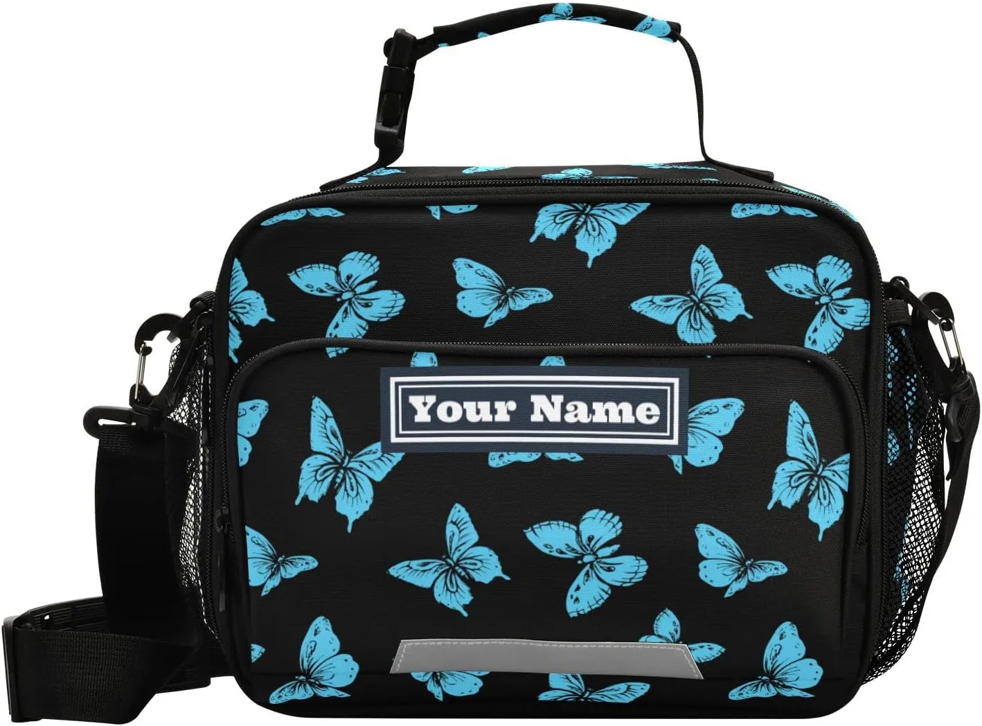 Aslsiy Custom Lunch Bag for Women Men Mysterious Blue Butterflies Personalized Insulated Lunch Box Black Portable Handbag with Adjustable Shoulder Strap for Office Picnic Travel