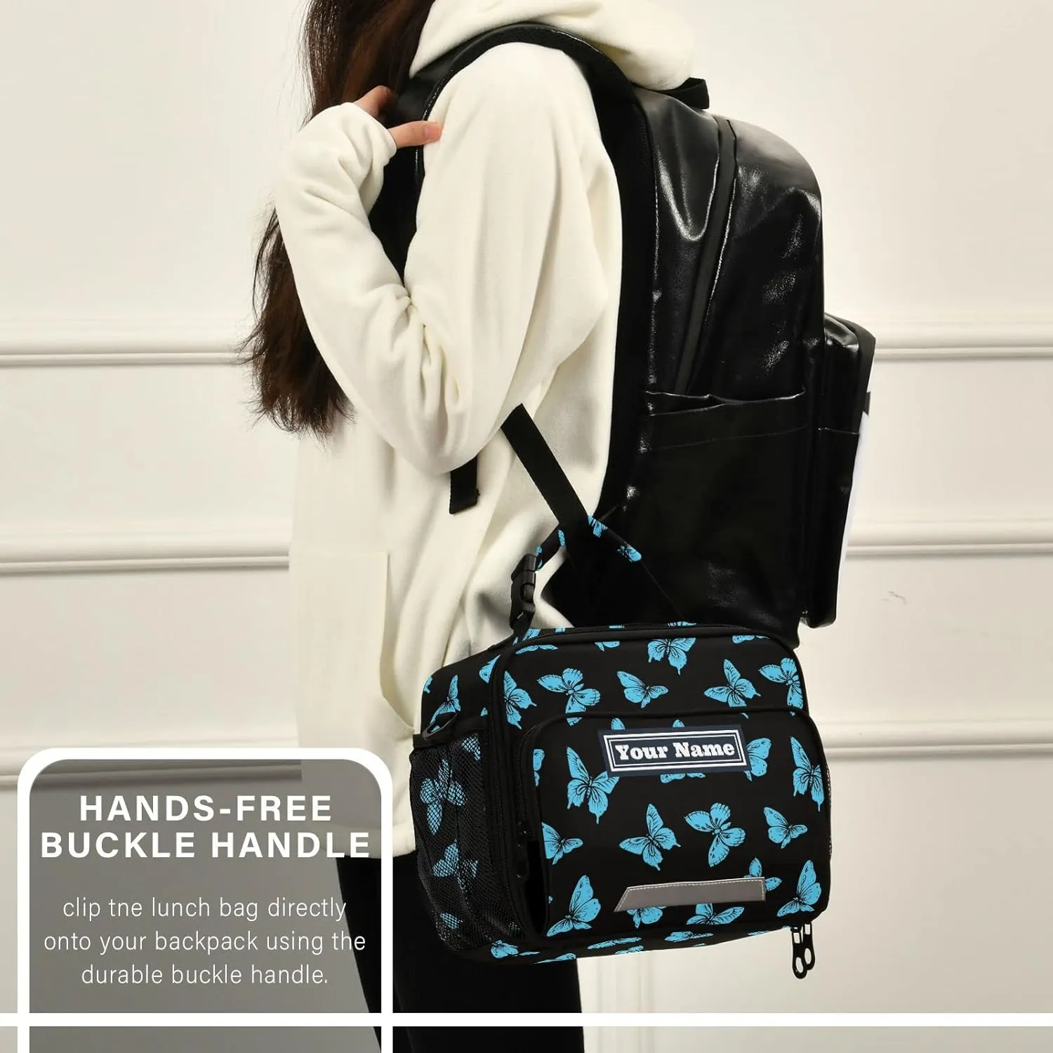 Aslsiy Custom Lunch Bag for Women Men Mysterious Blue Butterflies Personalized Insulated Lunch Box Black Portable Handbag with Adjustable Shoulder Strap for Office Picnic Travel