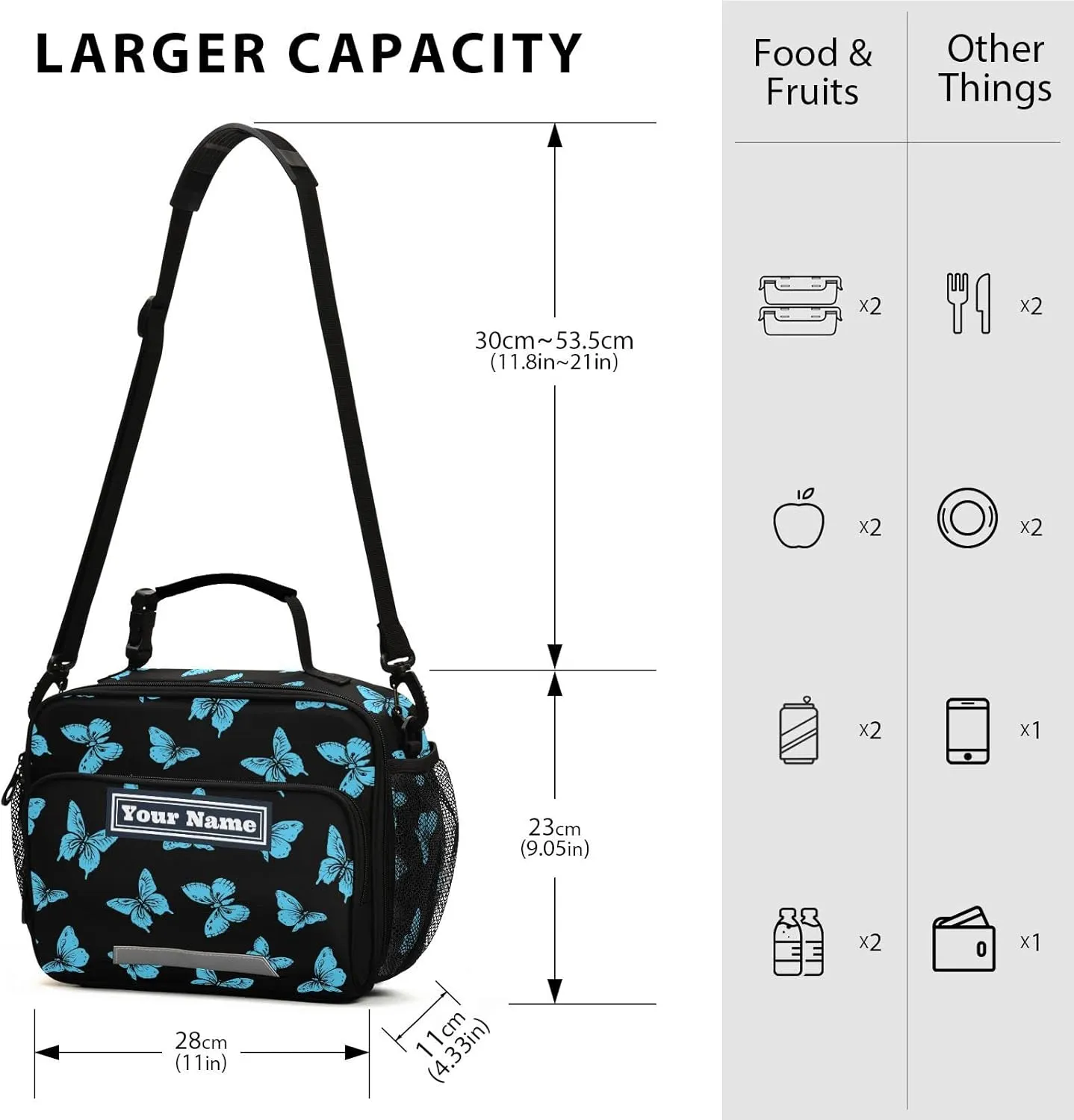 Aslsiy Custom Lunch Bag for Women Men Mysterious Blue Butterflies Personalized Insulated Lunch Box Black Portable Handbag with Adjustable Shoulder Strap for Office Picnic Travel