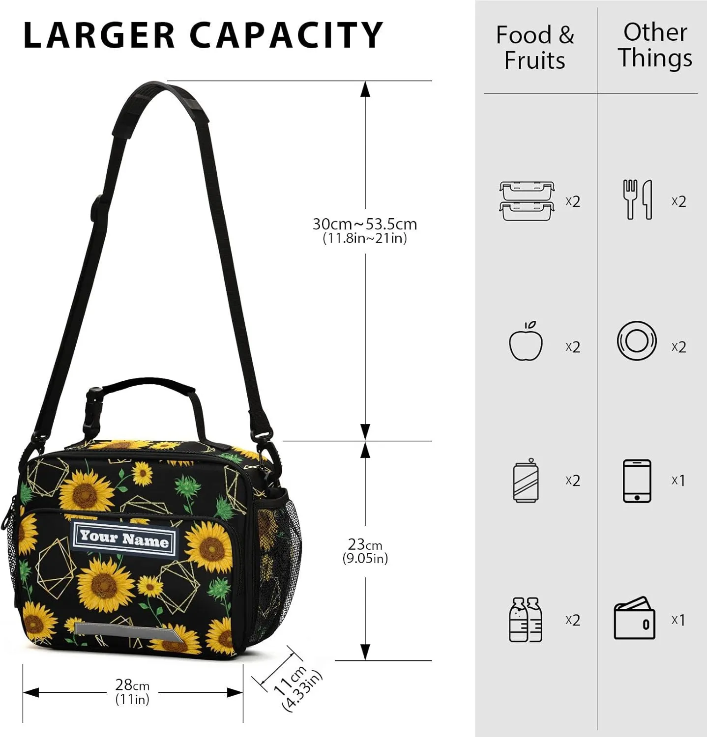 Aslsiy Custom Lunch Bag for Women Men Sunflowers Personalized Insulated Lunch BoxGolden Polygon Shapes Portable Handbag with Adjustable Shoulder Strap for Office Picnic Travel