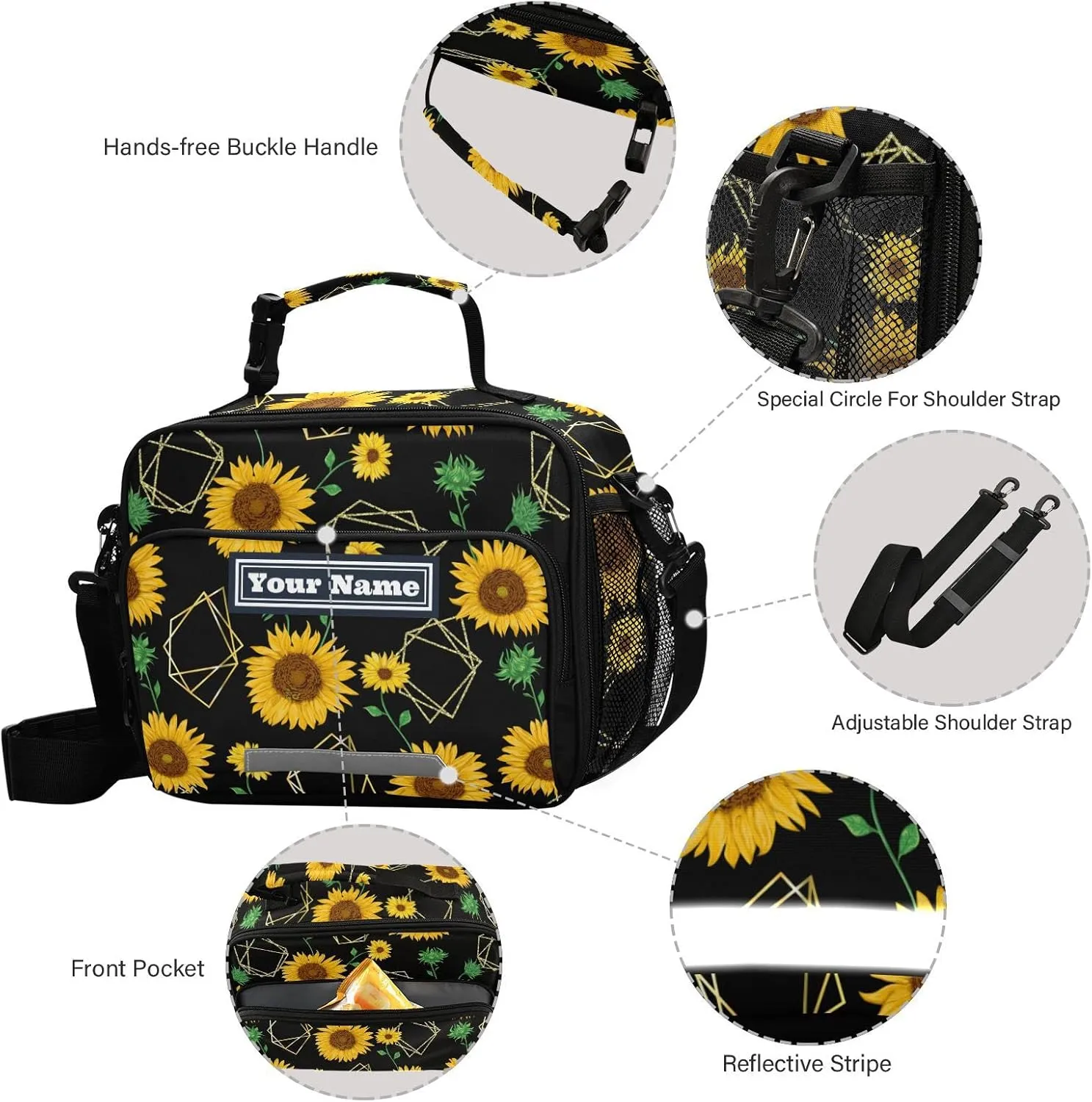 Aslsiy Custom Lunch Bag for Women Men Sunflowers Personalized Insulated Lunch BoxGolden Polygon Shapes Portable Handbag with Adjustable Shoulder Strap for Office Picnic Travel