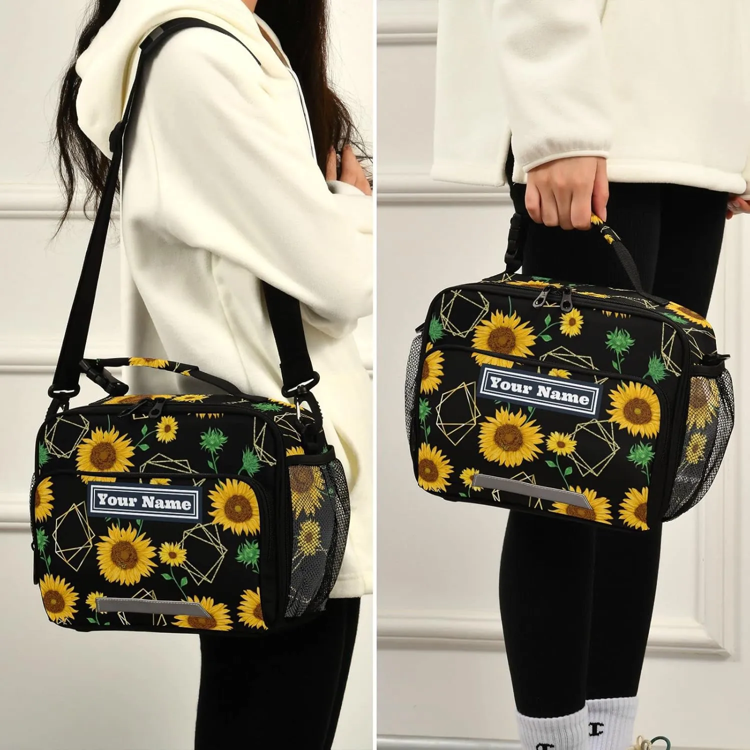 Aslsiy Custom Lunch Bag for Women Men Sunflowers Personalized Insulated Lunch BoxGolden Polygon Shapes Portable Handbag with Adjustable Shoulder Strap for Office Picnic Travel