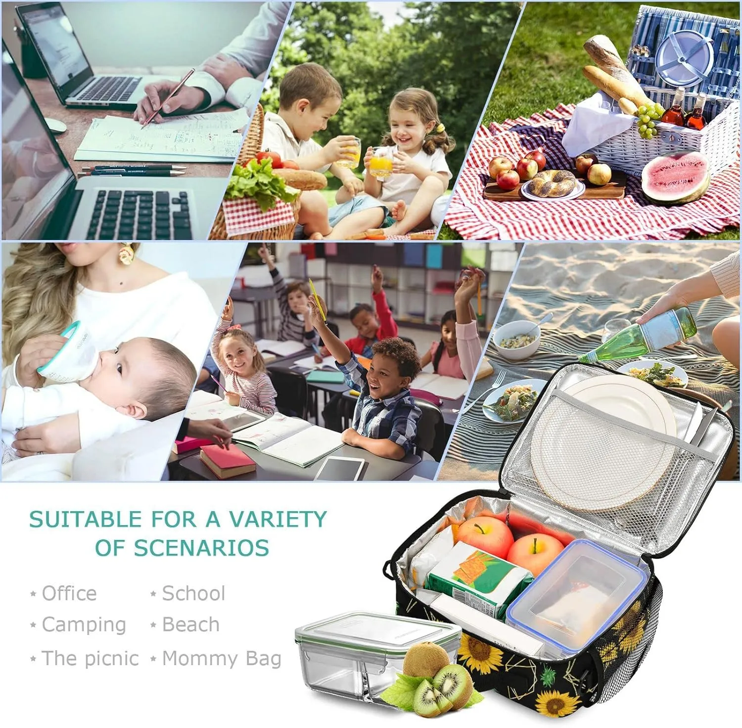 Aslsiy Custom Lunch Bag for Women Men Sunflowers Personalized Insulated Lunch BoxGolden Polygon Shapes Portable Handbag with Adjustable Shoulder Strap for Office Picnic Travel