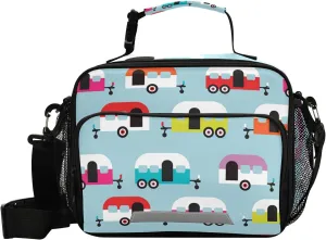 Aslsiy Happy Camper Caravan Retro Pattern Reusable Lunch Bag for Women Men, Insulated Lunch Box Handbag Portable for Office Picnic Travel Cooler Bag with Adjustable Shoulder Strap