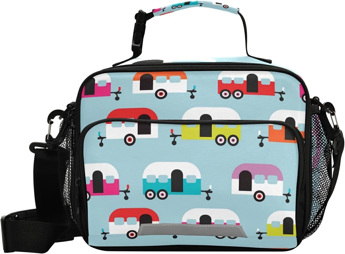 Aslsiy Happy Camper Caravan Retro Pattern Reusable Lunch Bag for Women Men, Insulated Lunch Box Handbag Portable for Office Picnic Travel Cooler Bag with Adjustable Shoulder Strap