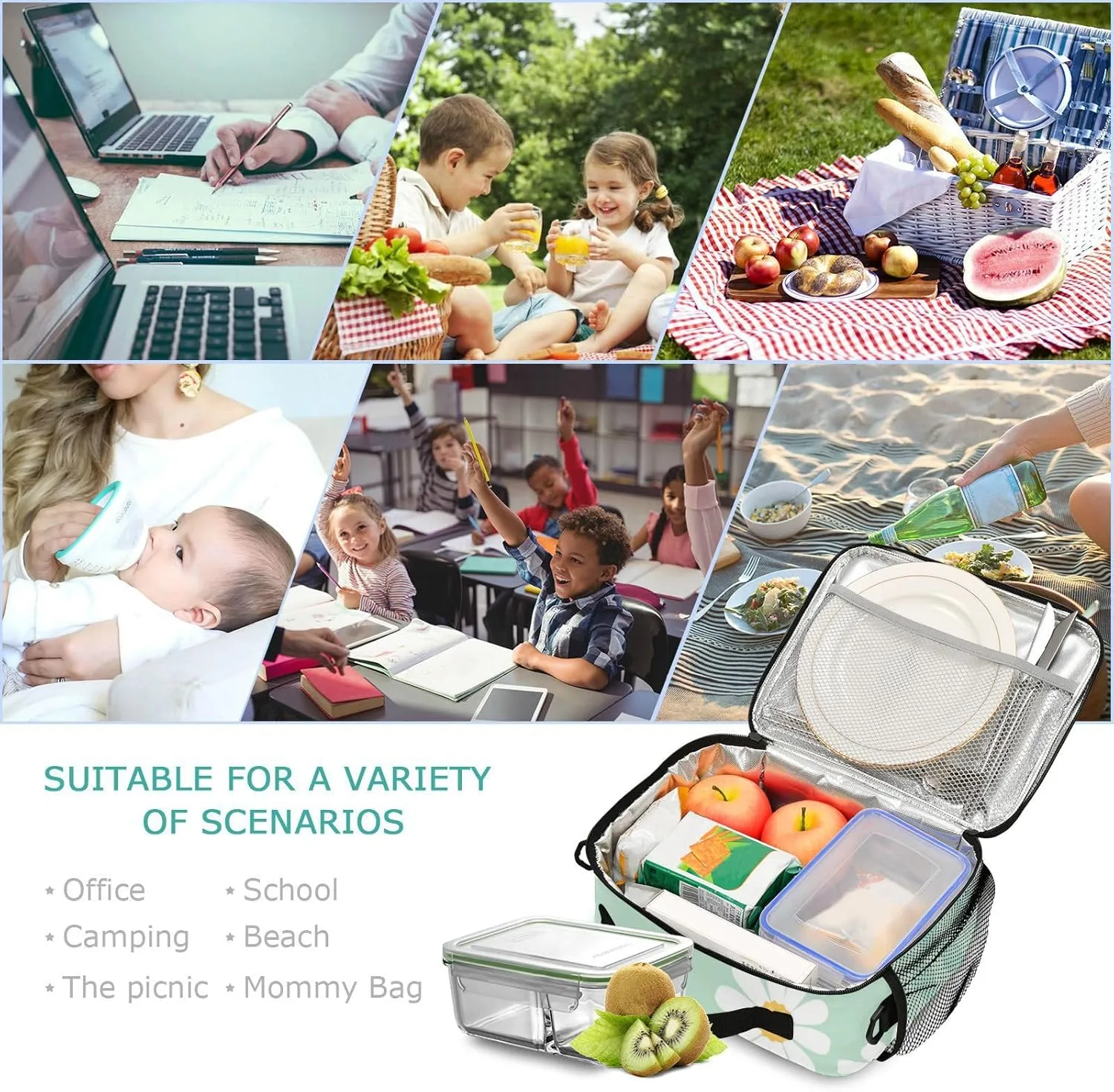 Aslsiy Lunch Bag for Women Daisy Flower Field Mint Green Insulated Lunch Box Handbag with Adjustable Shoulder Strap for Office Picnic Travel