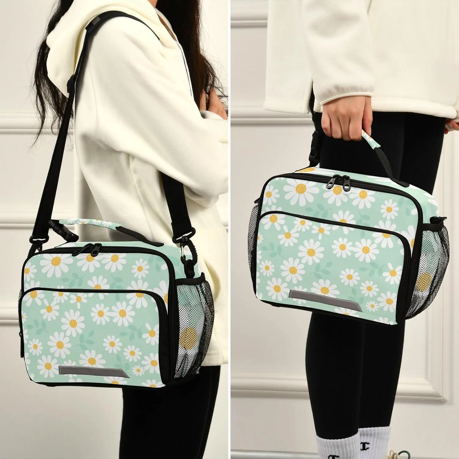 Aslsiy Lunch Bag for Women Daisy Flower Field Mint Green Insulated Lunch Box Handbag with Adjustable Shoulder Strap for Office Picnic Travel