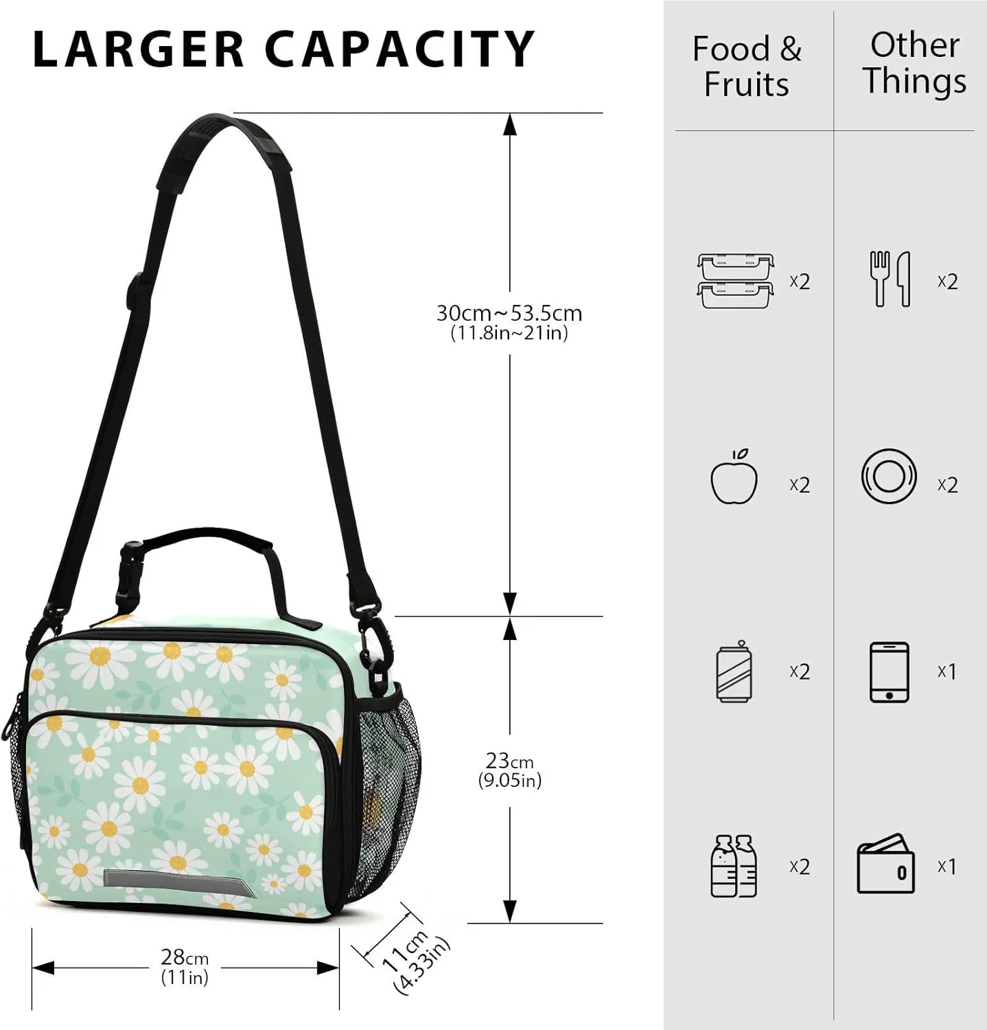Aslsiy Lunch Bag for Women Daisy Flower Field Mint Green Insulated Lunch Box Handbag with Adjustable Shoulder Strap for Office Picnic Travel