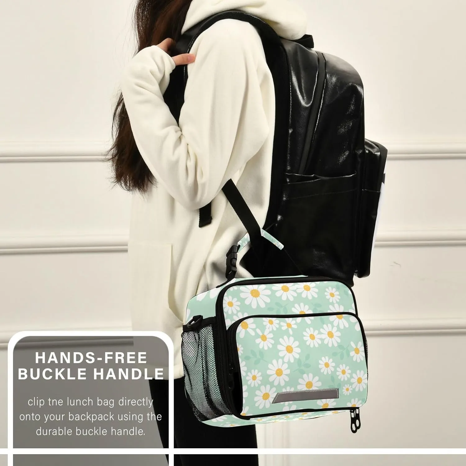 Aslsiy Lunch Bag for Women Daisy Flower Field Mint Green Insulated Lunch Box Handbag with Adjustable Shoulder Strap for Office Picnic Travel