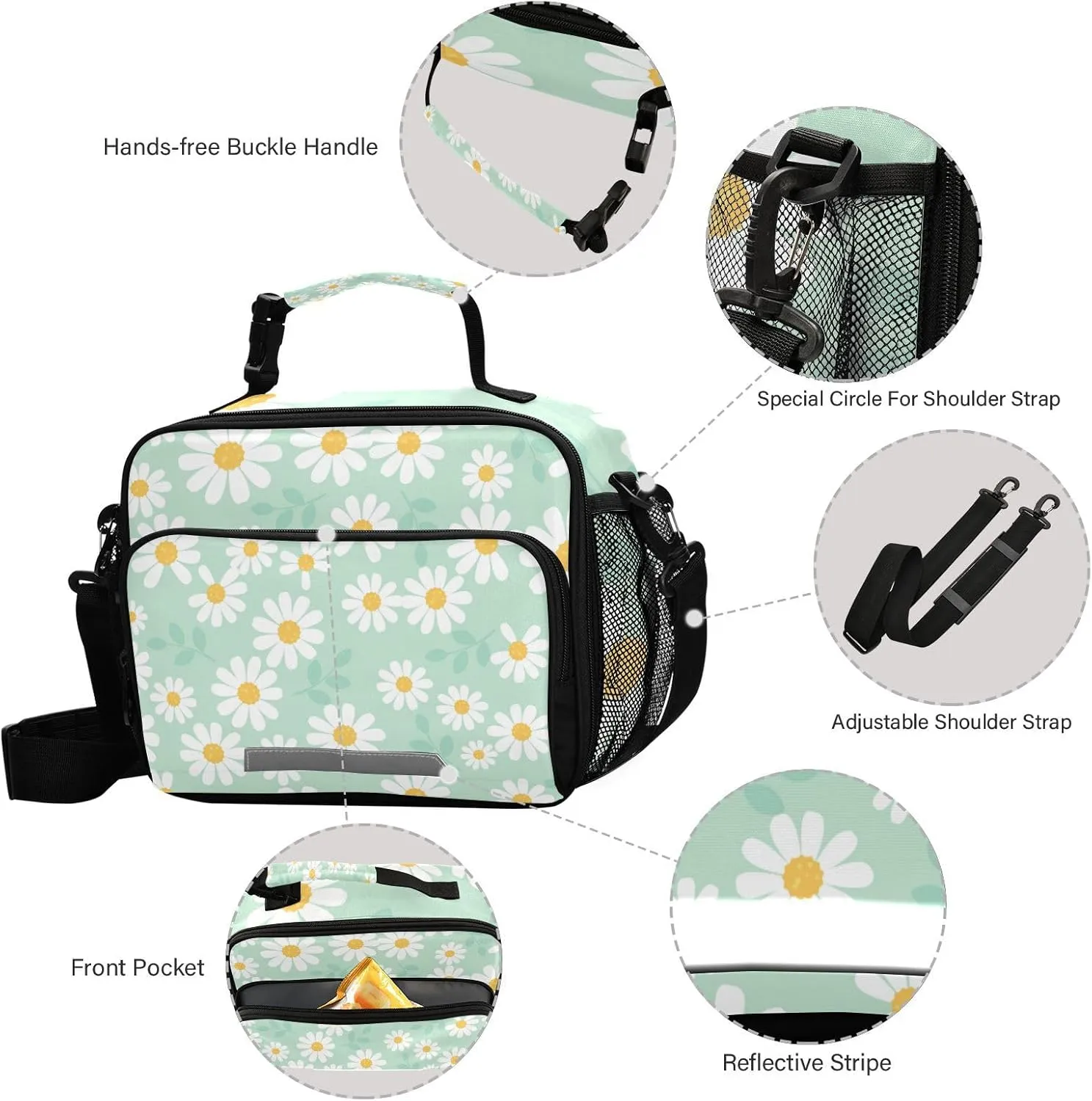 Aslsiy Lunch Bag for Women Daisy Flower Field Mint Green Insulated Lunch Box Handbag with Adjustable Shoulder Strap for Office Picnic Travel