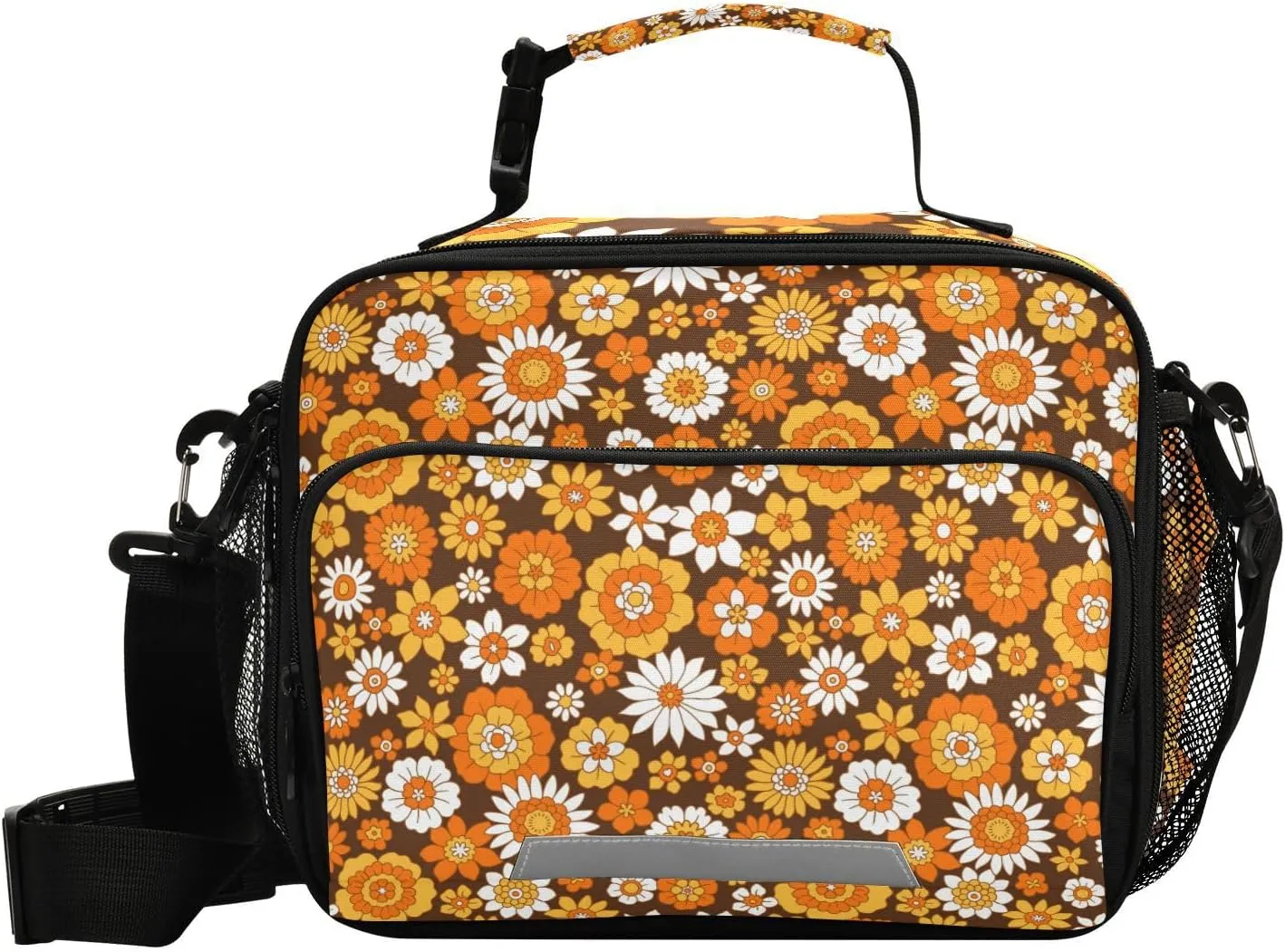 Aslsiy Lunch Bag for Women Kids Orange 60s 70s Style Insulated Lunch Box Retro Floral Handbag with Adjustable Shoulder Strap for School Picnic Travel