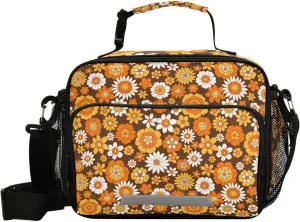 Aslsiy Lunch Bag for Women Kids Orange 60s 70s Style Insulated Lunch Box Retro Floral Handbag with Adjustable Shoulder Strap for School Picnic Travel