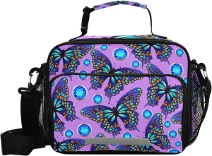 Aslsiy Lunch Bag for Women Mysterious Butterflies Insulated Lunch Box Sapphire Handbag with Adjustable Shoulder Strap for Office Picnic Travel