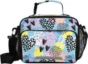 Aslsiy Reusable Lunch Bag Chaotic Leopard Print Insulated Lunch Box for Women Black Hearts Cooler Bag Handbag with Adjustable Shoulder Strap for School Office Picnic