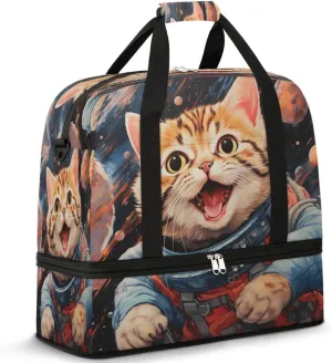 Astronaut Kitten Excited Travel Duffel Bag, Travel Essentials, Gym Bag for Women, Weekender Overnight Bag With Shoes Compartment, Carry On Bags for Airplanes