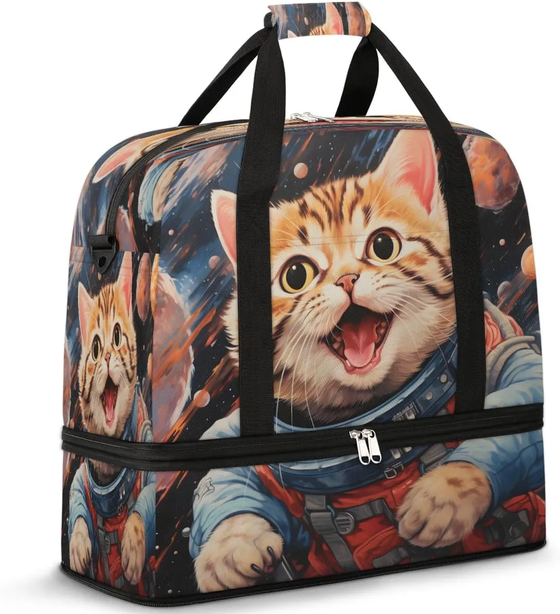 Astronaut Kitten Excited Travel Duffel Bag, Travel Essentials, Gym Bag for Women, Weekender Overnight Bag With Shoes Compartment, Carry On Bags for Airplanes