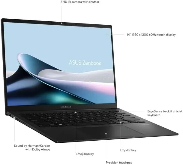 ASUS Zenbook 14 OLED Laptop 2024-14" WUXGA Touch AMD Radeon Graphics - AMD Ryzen 7 8840HS 8 Cores - 16GB LPDDR5 1TB NVMe SSD - Backlit Keyboard Wi-Fi 6E - Win11 Pro 32GB USB - Jade Black