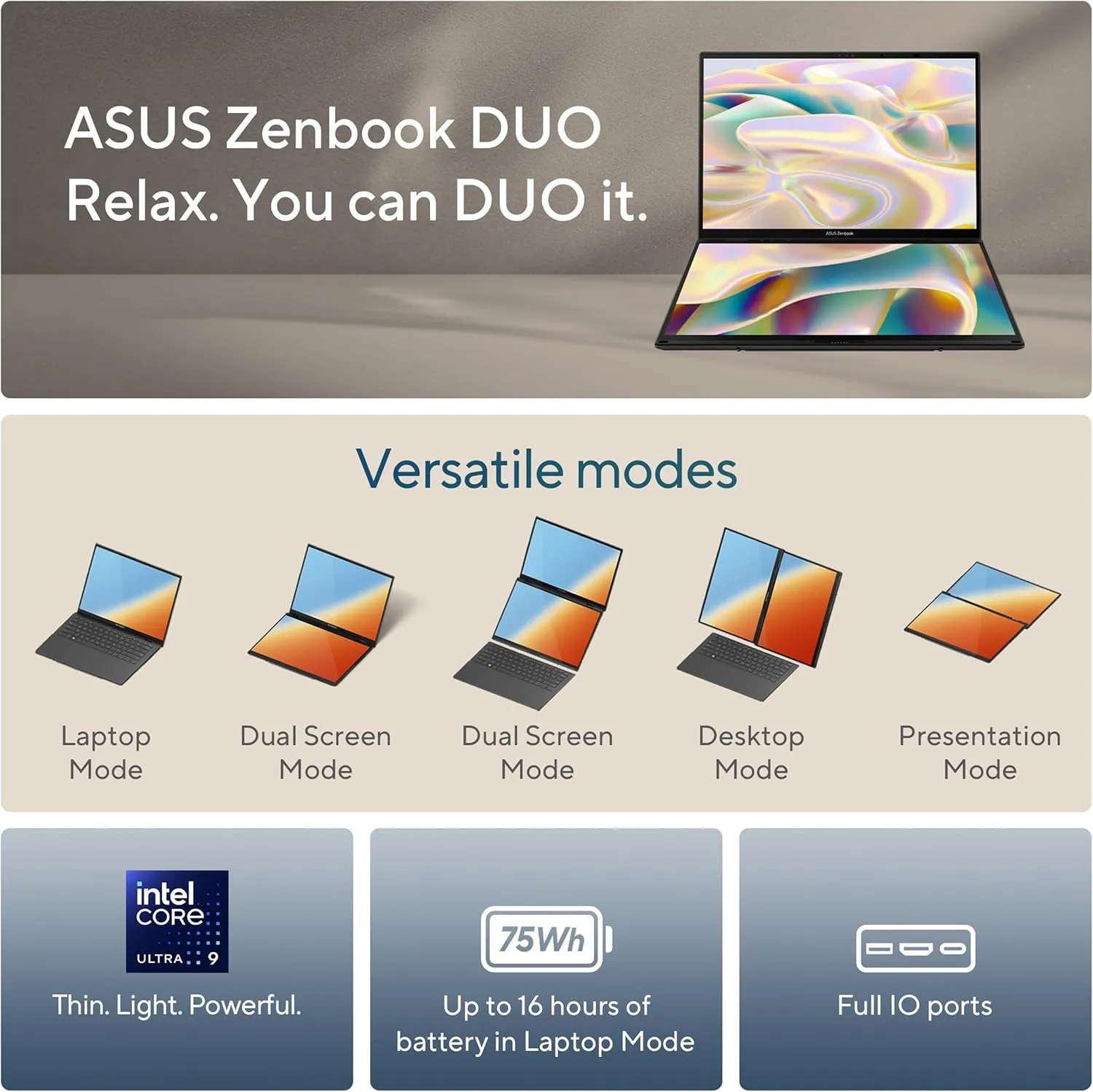 ASUS Zenbook DUO Dual 14" OLED 3K 120Hz Touchscreen Laptop Intel Core Ultra 9 285H 32GB RAM 1TB SSD Inkwell Gray