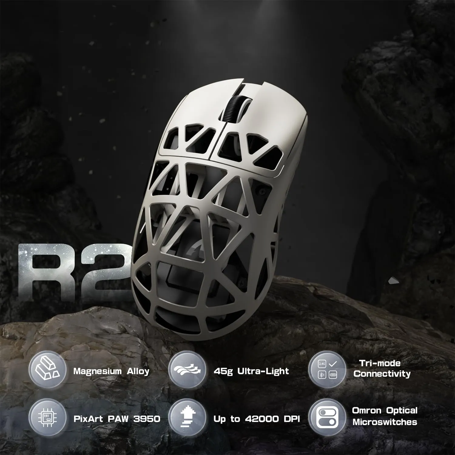 ATTACK SHARK R2 SUPERLIGHT Wireless Gaming Mouse,Magnesium Alloy, PixArt PAW 3950 Sensor Optical,42K DPI 8K Polling Rate,5 Programmable Button,Tri-Mode Long Battery Life Mice for Laptop,PC-Retro White